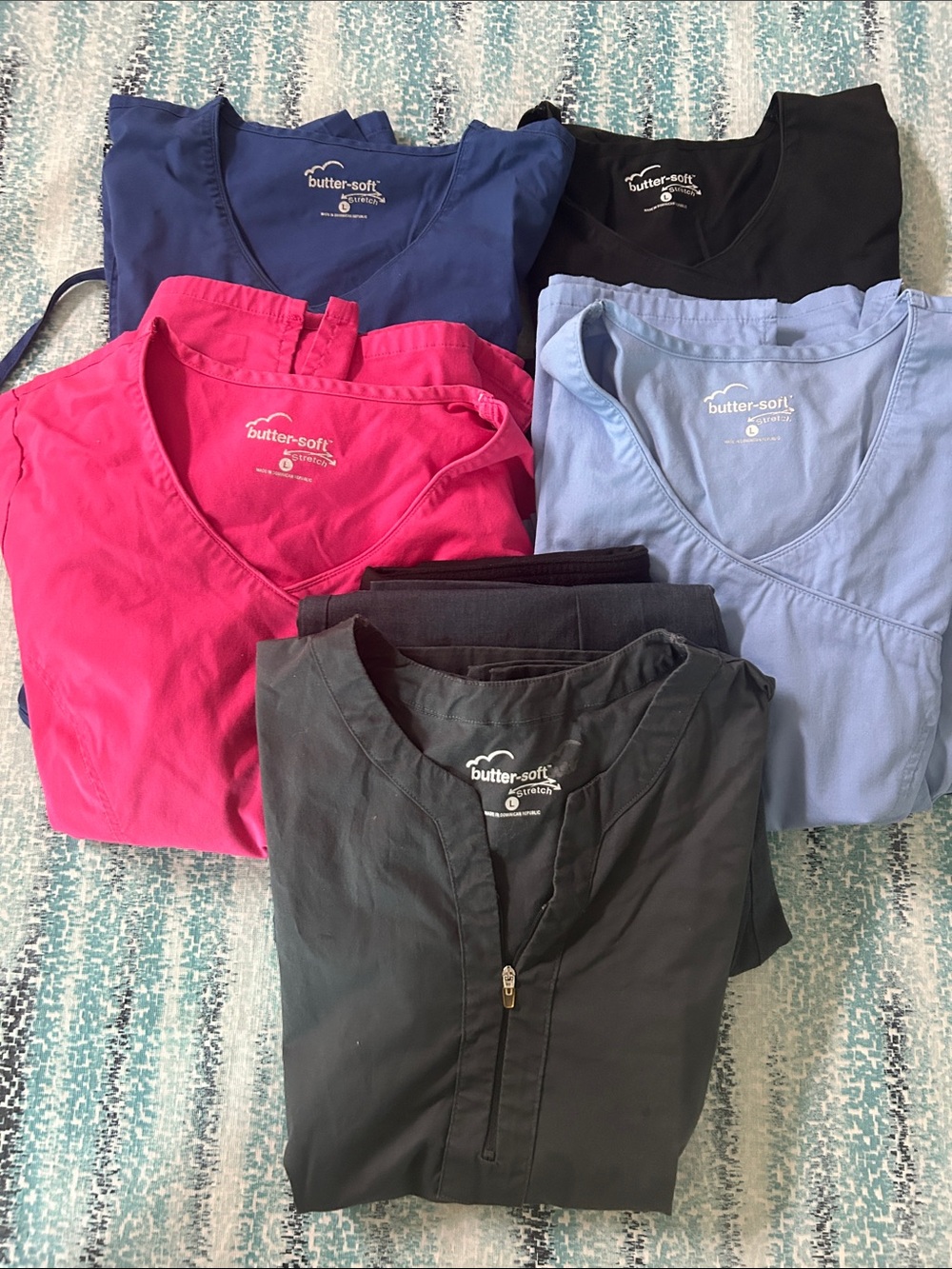 Scrubs- short sleeve and straight leg pants. Size L, pink and gray pants M